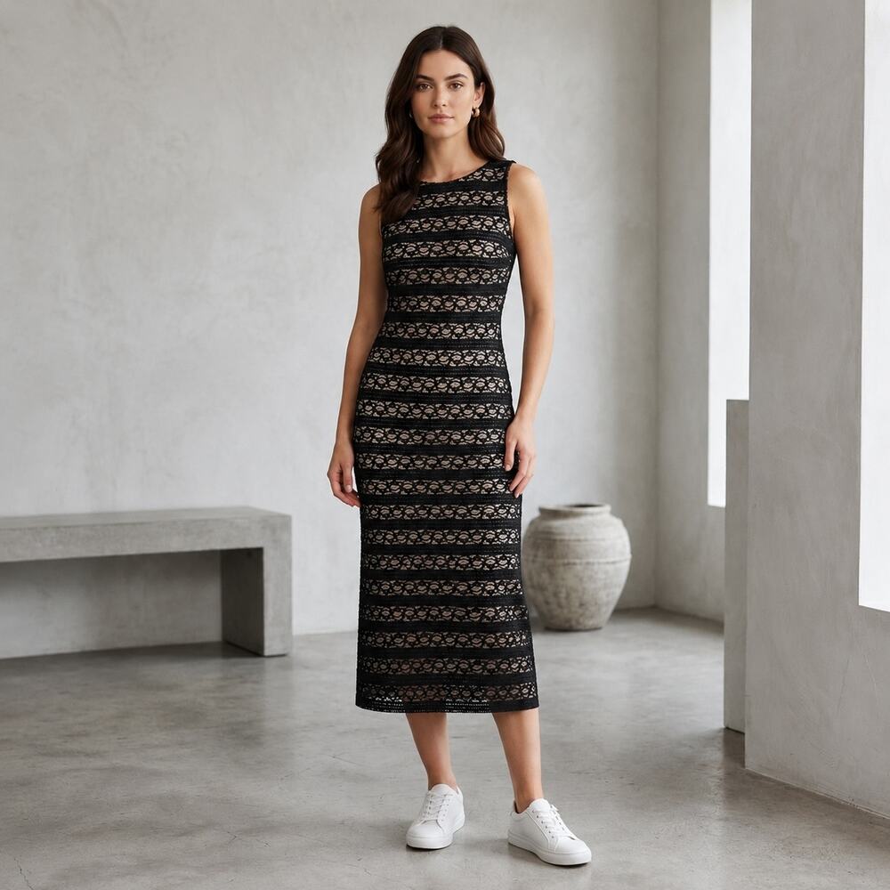 Alice + Olivia Black Stretch Lace Sleeveless  Sheath Open Back Midi  Dress 6